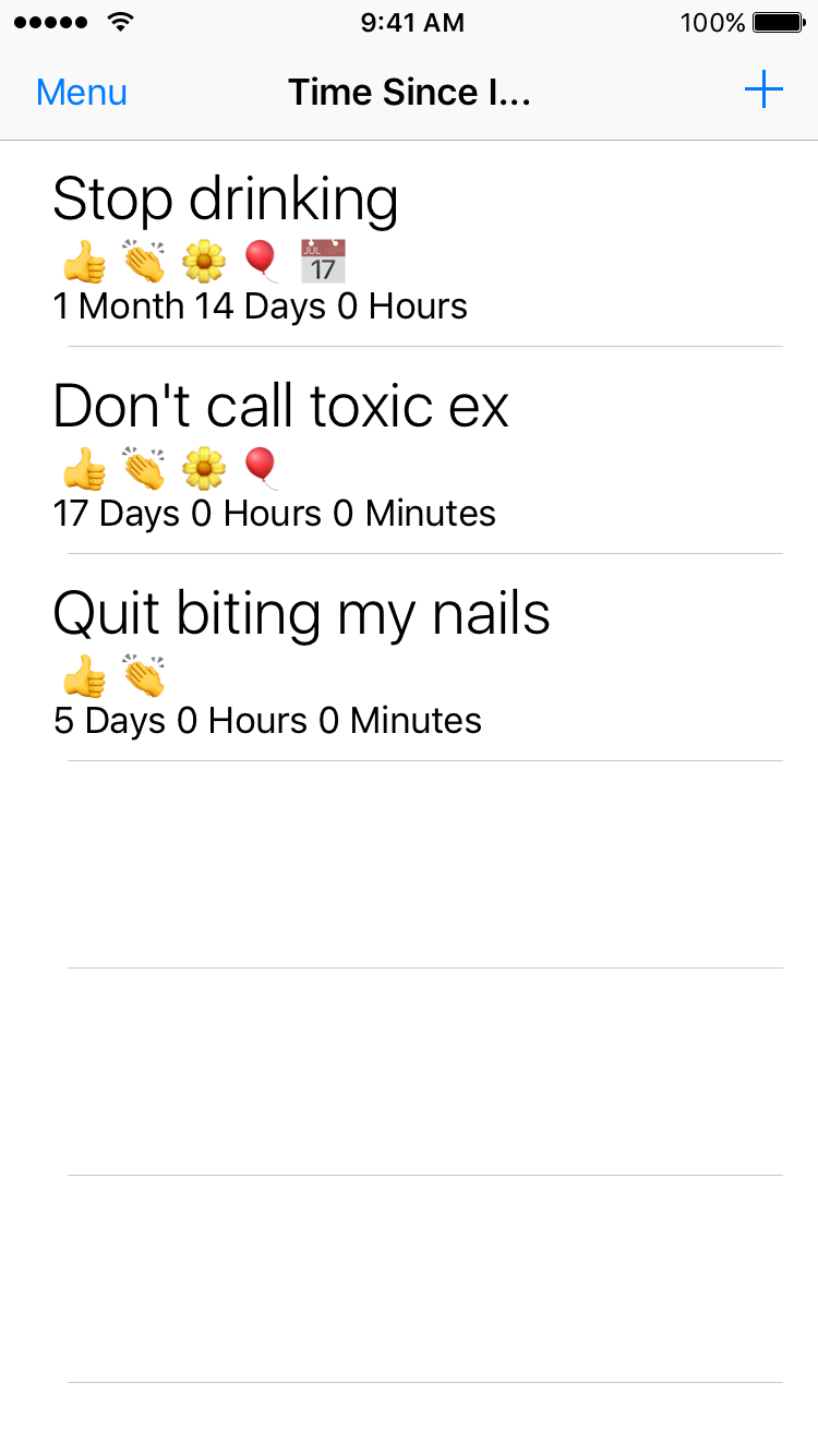Screenshot of list of timers showing time not away from bad habits like drinking and biting nails.